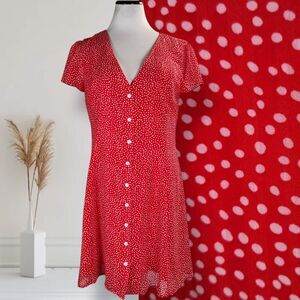 Aqua Button Front Mini Dress Size L Polka Dot Fit Flare Skater Flutter Sleeve